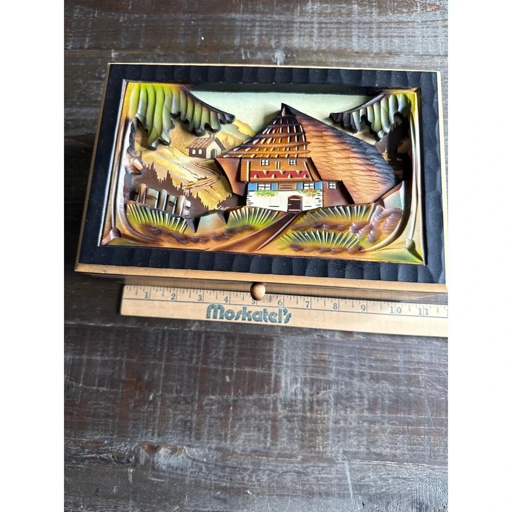 Vintage Black Forest Musical Jewelry Box Swiss‎ Chalet Wood Carving Restoration